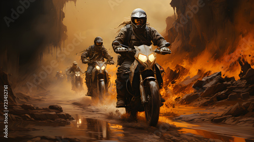 A swarm of motorcycles speeding through a desert landscape, kicking up clouds of dust, creating a thrilling and adventurous atmosphere