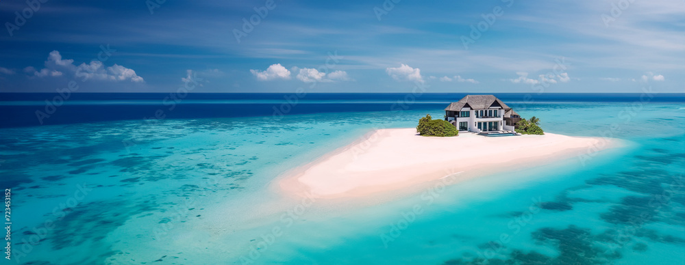 une villa construite sur un îlot de sable au milieu de l'océan - format bannière web - obrazy, fototapety, plakaty 