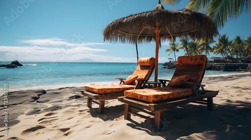 lounge chairs on the beach. sunbath by a tropical sun under the palm trees and umbrellas