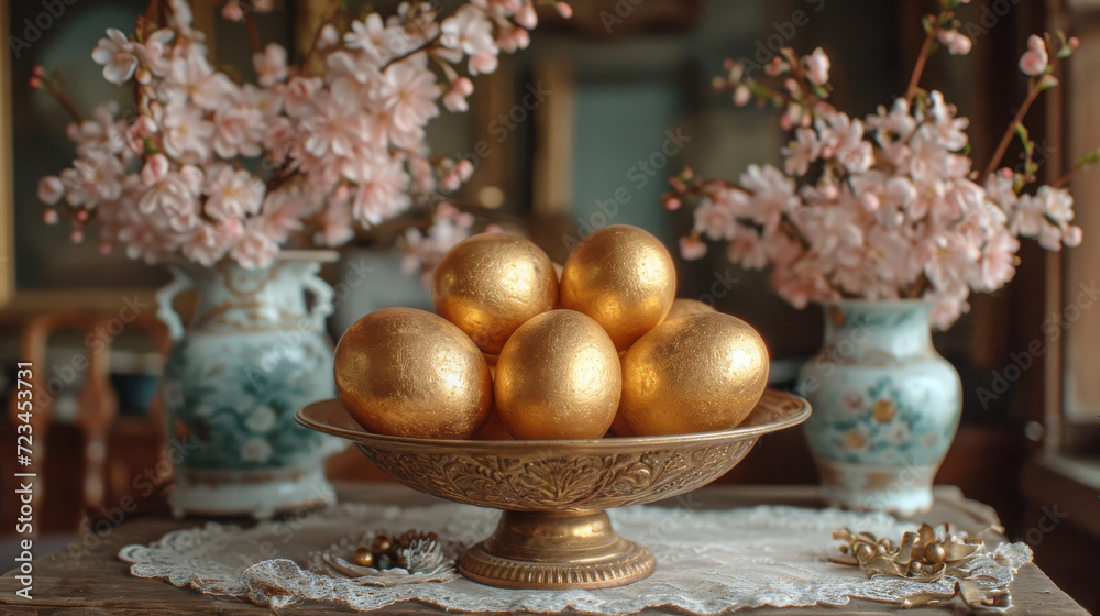 Elegant Easter Table Decor with Gold Eggs and Blossoms