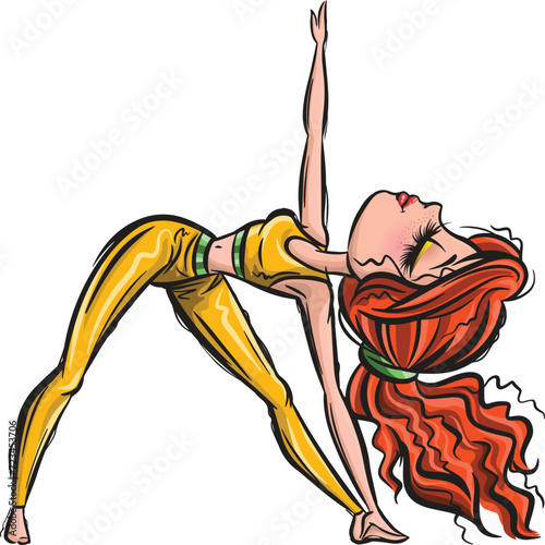 Red-haired yoga girl. Healthy life style. Yoga routine. Classic yoga asanas. Sport exercise in usual life. Cartoon style girls. Yoga for children