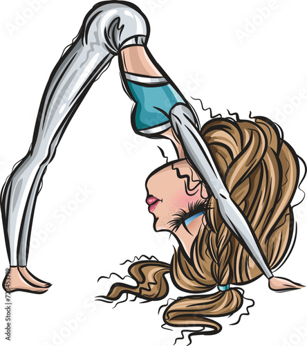Brunette yoga girl. Healthy life style. Yoga routine. Classic yoga asanas. Sport exercise in usual life. Cartoon style girls. Yoga for children