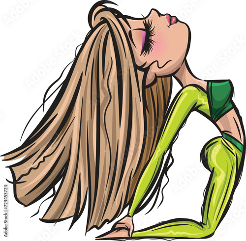 Cute yoga girl. Healthy life style. Yoga routine. Classic yoga asanas. Sport exercise in usual life. Cartoon style girls. Yoga for children