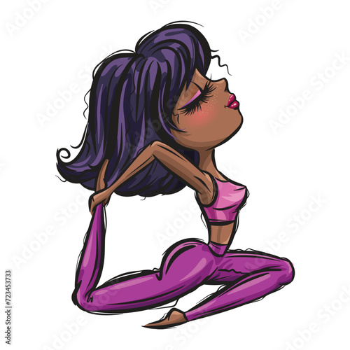 Cute african-american yoga girl. Healthy life style. Yoga routine. Classic yoga asanas. Sport exercise in usual life. Cartoon style girls. Yoga for children