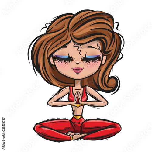 Cute yoga girl. Healthy life style. Yoga routine. Classic yoga asanas. Sport exercise in usual life. Cartoon style girls. Yoga for children