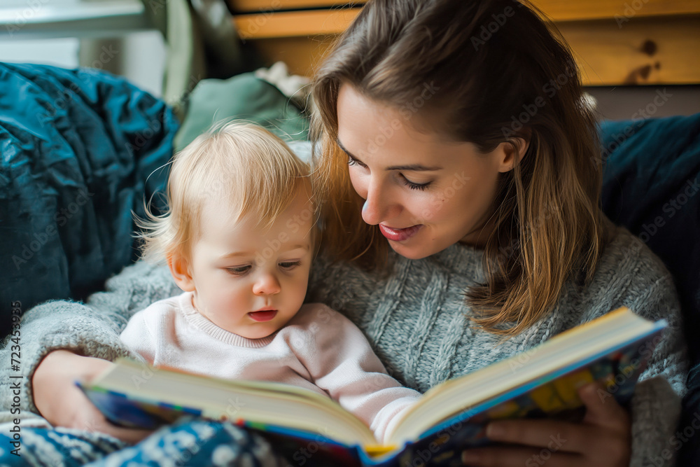 Tender moment as a mother reads a book with her child, bonding through learning and shared stories and concept of motherhood Tender moment as a mother reads a book with her child, bonding through learning and shared stories and concept of motherhood
