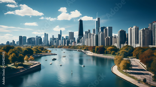 Aerial view of Chicago skyline from above, Lake Michigan and skyscrapers of downtown Chicago, Illinois, USA