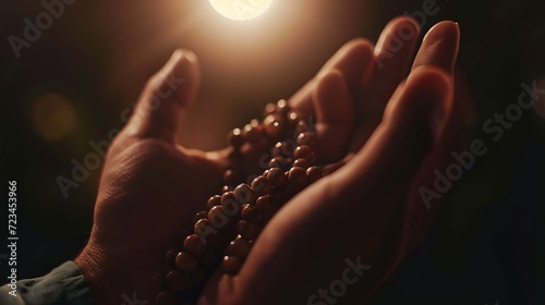 Prayer's Holy Communion, ramadhan A Close-up Exploration of a Tasbih in Delicate Hands