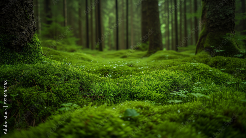 Obraz premium Moss-covered forest floor, vibrant green textures