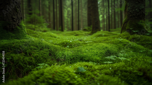 Moss-covered forest floor, vibrant green textures