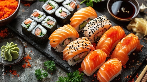 Assorted sushi nigiri and maki big set on slate. A variety of Japanese sushi with tuna and crab.