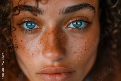 A close-up of a young woman's face, showcasing her unique beauty and the natural details of hyperpigmentation on her face skin