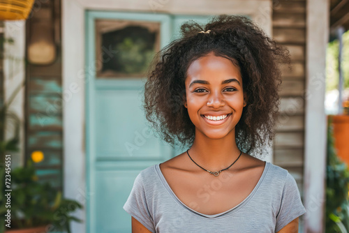 Confident African American woman Smiling Outside His Home, concept of home ownership