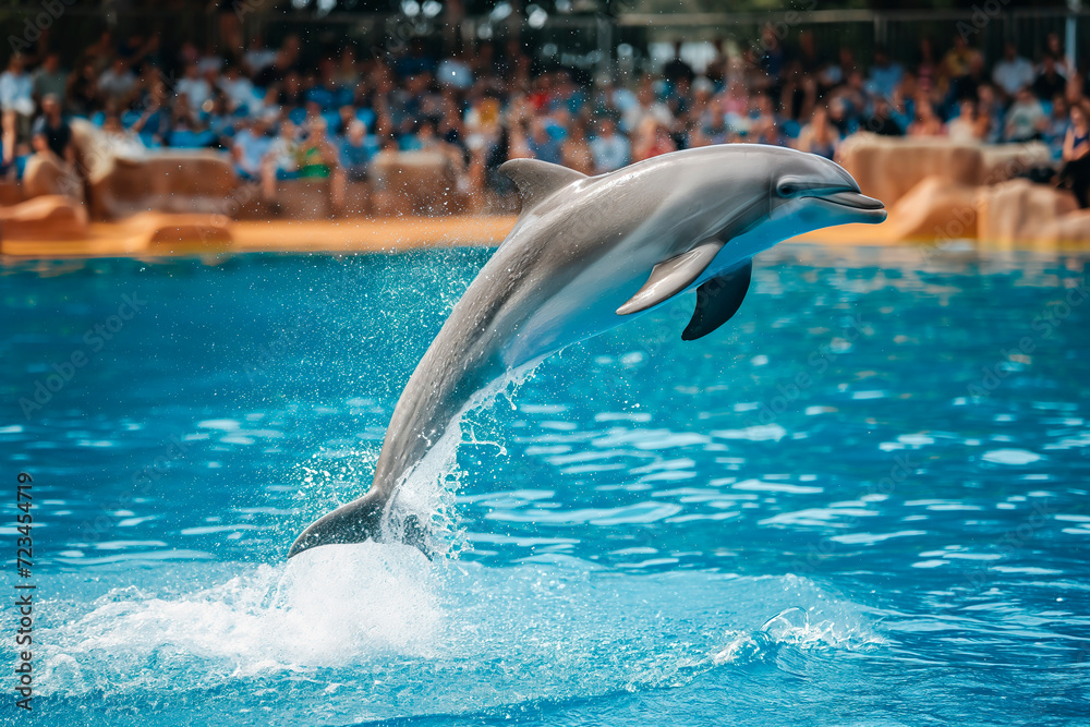 Naklejka premium Dolphin performing a jump in a show at a aqua park with an audience in the background