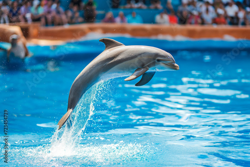 Dolphin performing a jump in a show at a aqua park with an audience in the background