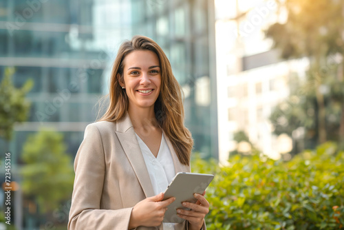 Proud caucasian businesswoman smiling and holding tablet, with office building in the background. Concept of business leadership and technology