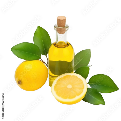 fresh raw organic lemon aspen oil in glass bowl png isolated on white background with clipping path. natural organic dripping serum herbal medicine rich of vitamins concept. selective focus photo