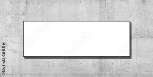 large wide-format wall blank white banner or big board hanging on the concrete wall of a building. Place for advertising. 3d render