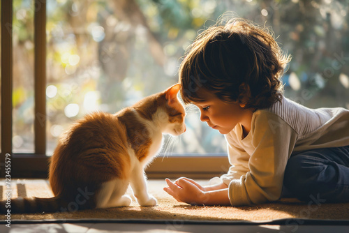 Young boy playing with a cat outdoors