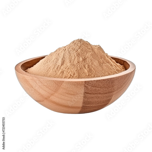 pile of finely dry organic fresh raw amarnath powder in wooden bowl png isolated on white background. bright colored of herbal, spice or seasoning recipes clipping path. selective focus photo