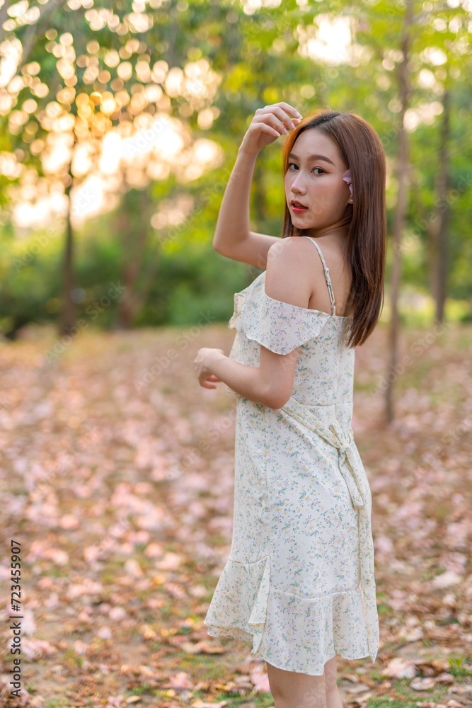 Young Asian beauty enjoys playing and posing with sakura flowers at a public park during sunset moments Young Asian beauty enjoys playing and posing with sakura flowers at a public park during sunset moments
