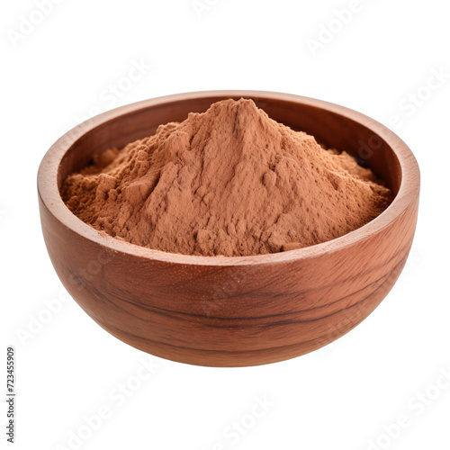pile of finely dry organic fresh raw pau d'arco inner bark powder in wooden bowl png isolated on white background. bright colored of herbal, spice or seasoning recipes clipping path. selective focus photo