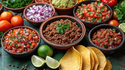 mexican street tacos flat lay composition with pork carnitas, avocado, onion, cilantro photo