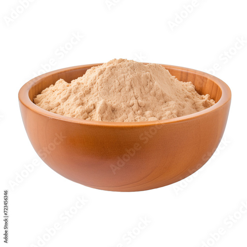 pile of finely dry organic fresh raw pecan flour powder in wooden bowl png isolated on white background. bright colored of herbal, spice or seasoning recipes clipping path. selective focus