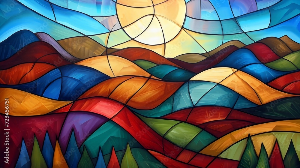 Colorful Abstract Stained Glass Landscape