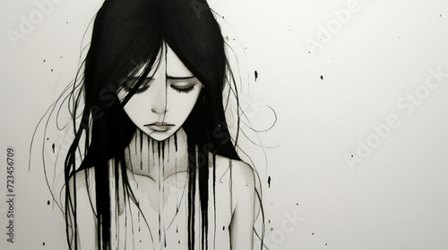 Sad, beautiful girl with black hair, black and white watercolour