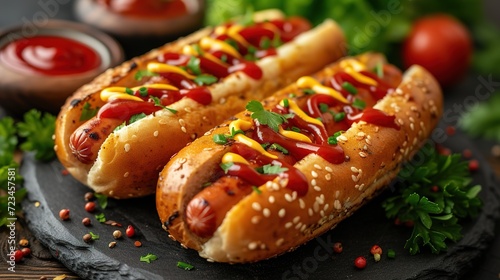 Hot dogs with a sausage on a fresh rolls garnished with mustard and ketchup