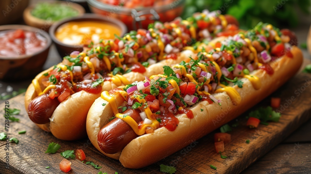 Hot dogs with a sausage on a fresh rolls garnished with mustard and ketchup