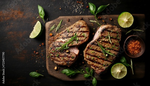 Delicious grilled pork steaks with spices on dark wooden table, flat lay. Space for text photo