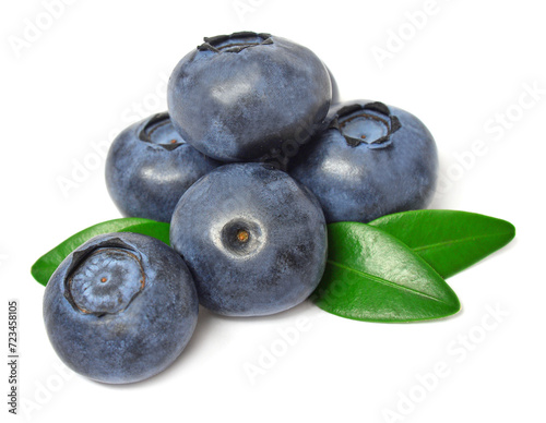 Blueberry macro with leaves isolated on white background