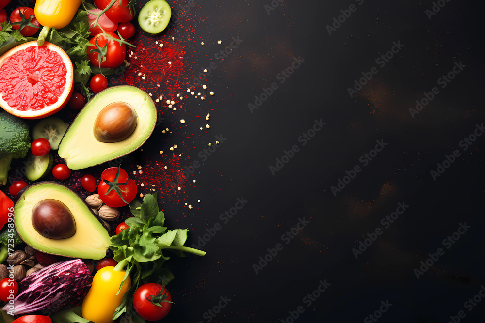 Healthy food on dark background with copy space, flat lay, top view, banner