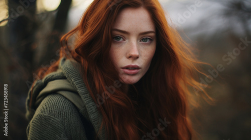 photo of a woman, desaturated and dark colors, dark red hair and green eyes, pale skin, outdoors, polaroid, style raw