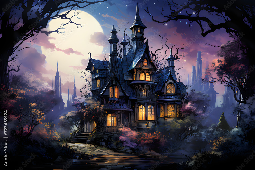 witch house, celestial color in cartoon style, magical and mysterious art