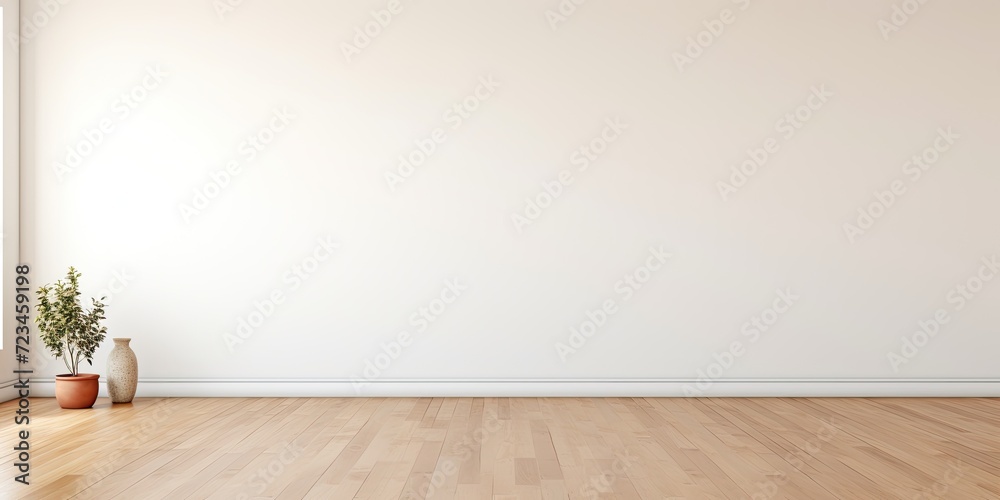 Minimalist living room with empty wall and wide angle layout.