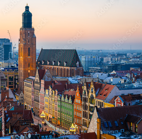 View of Wroclaw market square after sunset, Poland