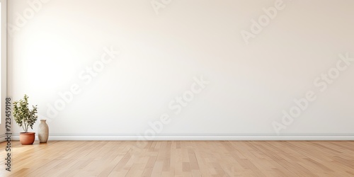 Obraz na płótnie Minimalist living room with empty wall and wide angle layout. w salonie