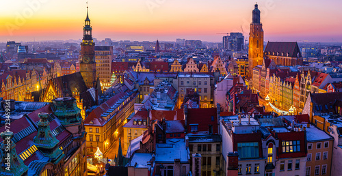 View of Wroclaw market square after sunset, Poland