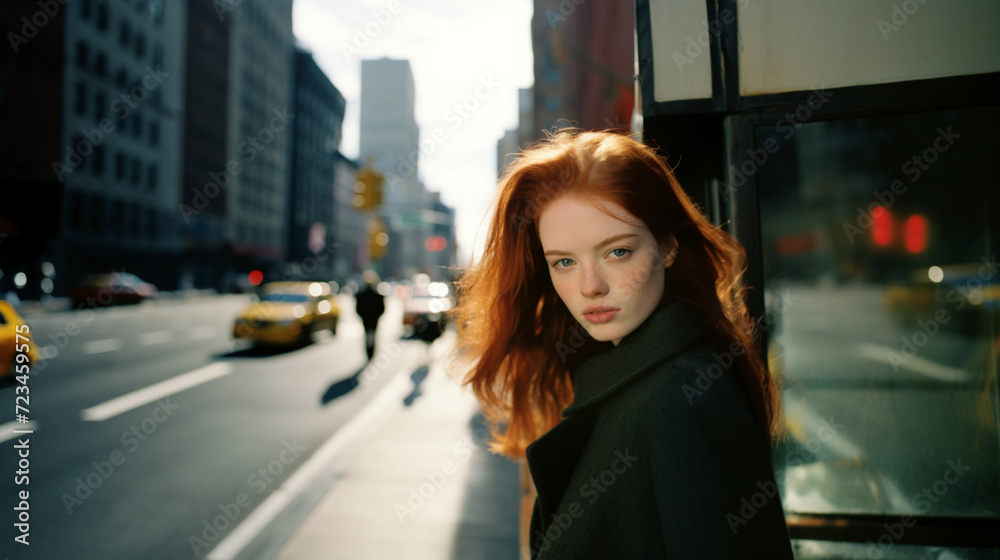 wide angle lens, photo of a woman, dark red hair and green eyes, pale skin, in new york city, natural lighting, kodak portra 160