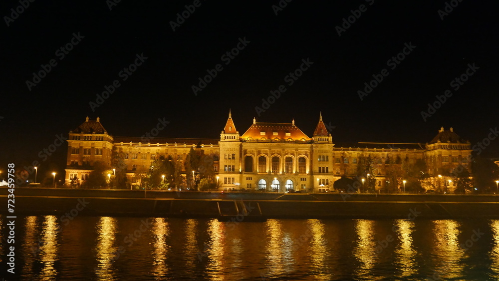 Hungary Budapest night sailing and view of Buildings infrastructures bridges landmarks in the city along Rhine river and Danube river
