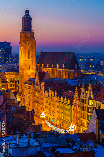 View of Wroclaw market square after sunset, Poland