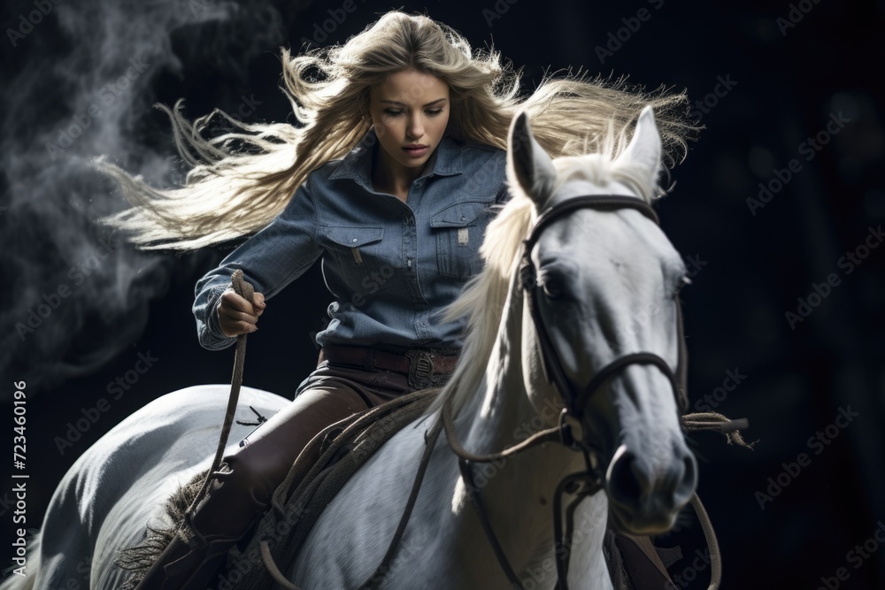 Fototapeta premium Elegant beauty of a cowgirl: grace meets grit, prairie echoes with the allure of a free-spirited, beautiful woman serene charm of a pretty girl, portrait of grace.