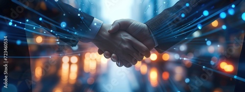 two business people shake hands and are shaking their hands behind some lights photo