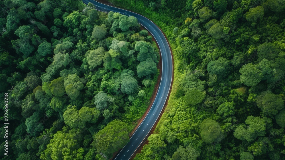 Aerial view of a road in the middle of the forest, road curve construction up to mountain