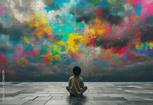 Contemplative child before colorful puzzle wall, conceptual art for creativity and mental health