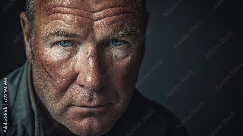 Fototapeta premium A middleaged man with a scar on his forehead and a distant expression masking the emotional scars of abuse.