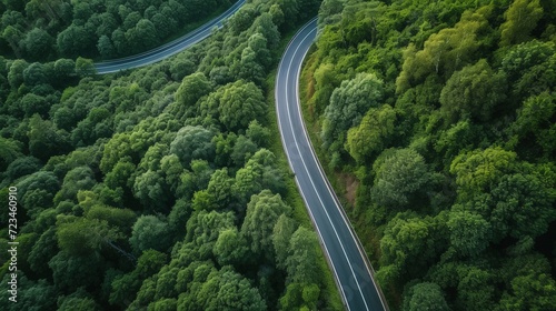 Aerial view of a road in the middle of the forest, road curve construction up to mountain © Sasint